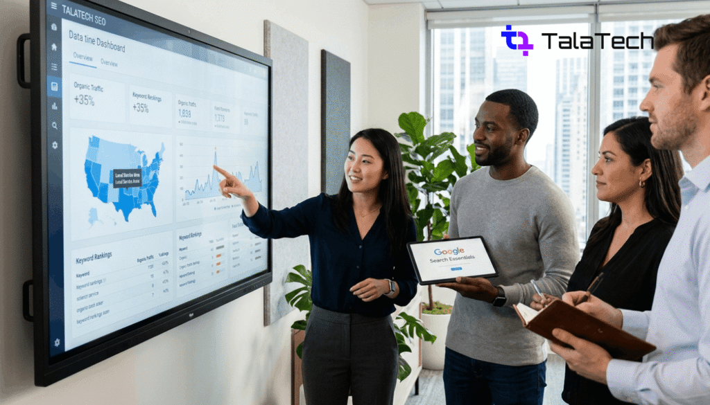 SEO Services: Talatech SEO experts analyzing data for a US small business client