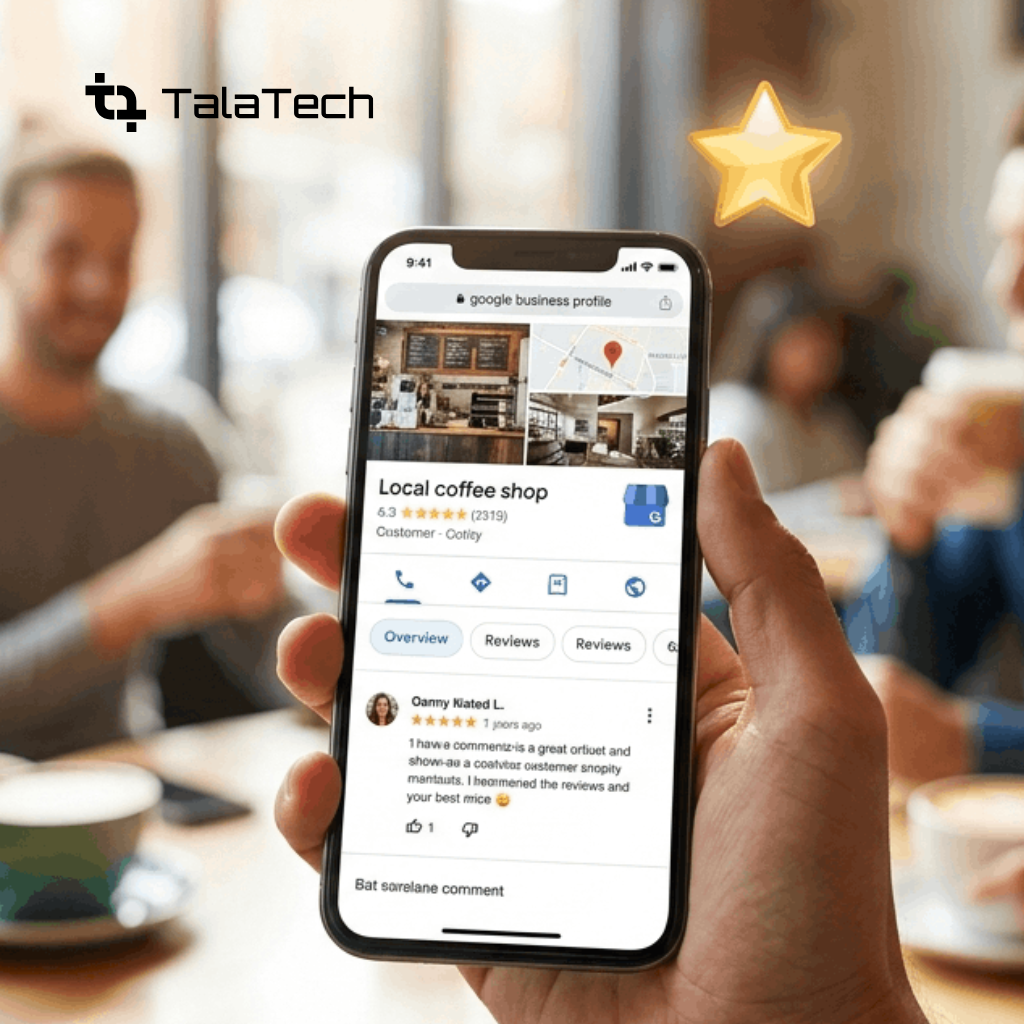 A customer in a USA coffee shop uses a smartphone to leave a five-star review, illustrating social proof for Google Business Profile optimization.