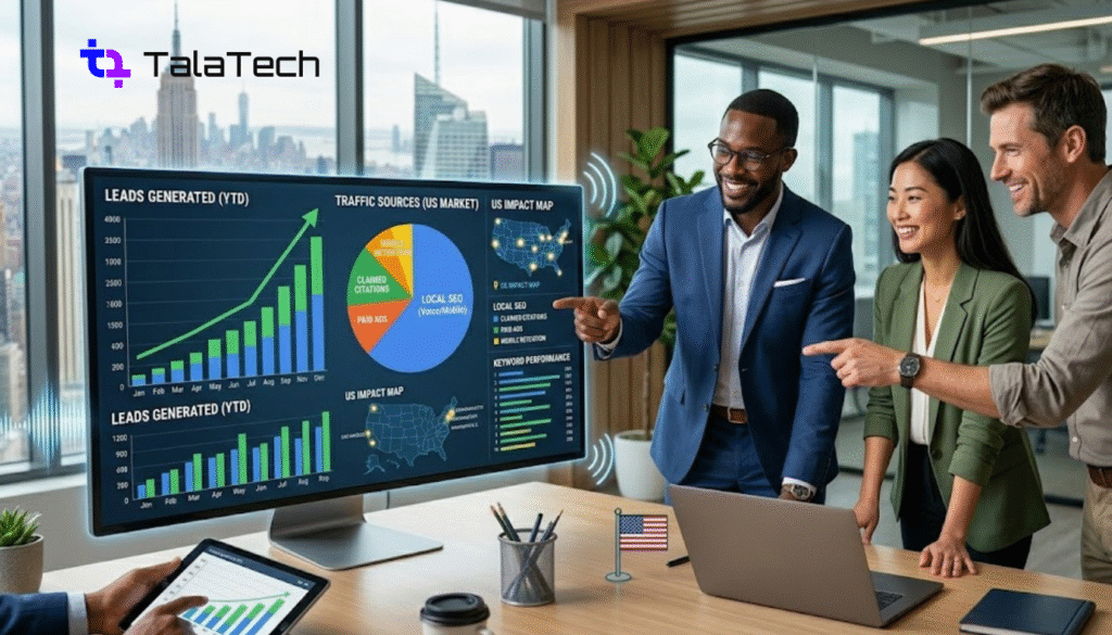 A US business team analyzing a digital marketing lead generation dashboard showing growth