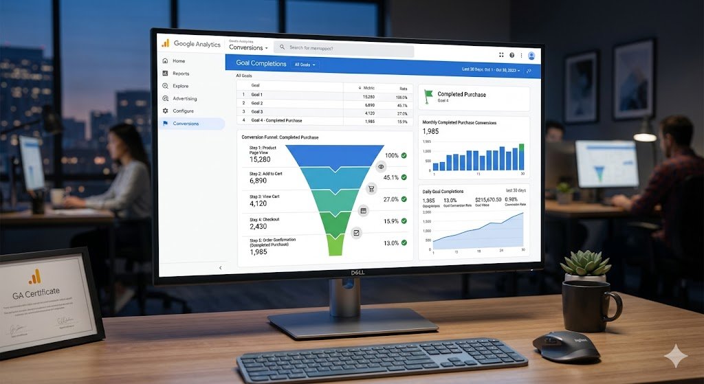 Google Analytics dashboard showing funnel visualization and conversion rates.
