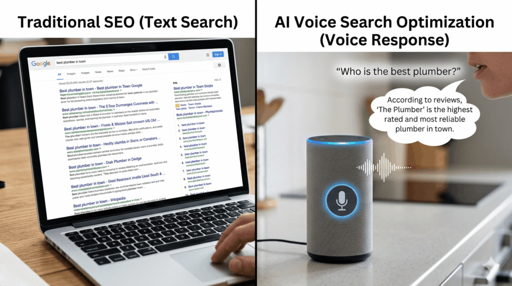 Comparison of traditional SEO and AI voice search optimization results.