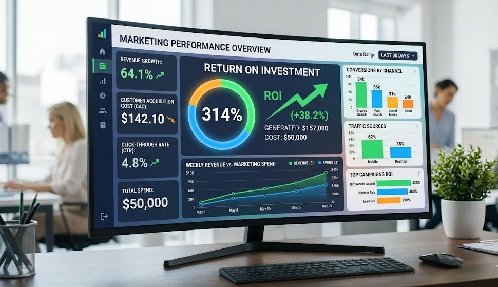 How to Track Marketing ROI: Digital marketing analytics dashboard showing revenue growth and marketing ROI metrics.