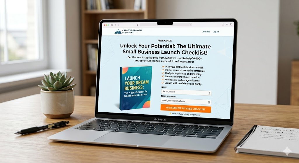 Example lead magnet landing page showing an opt-in form with headline, benefit bullets, and a call-to-action button
