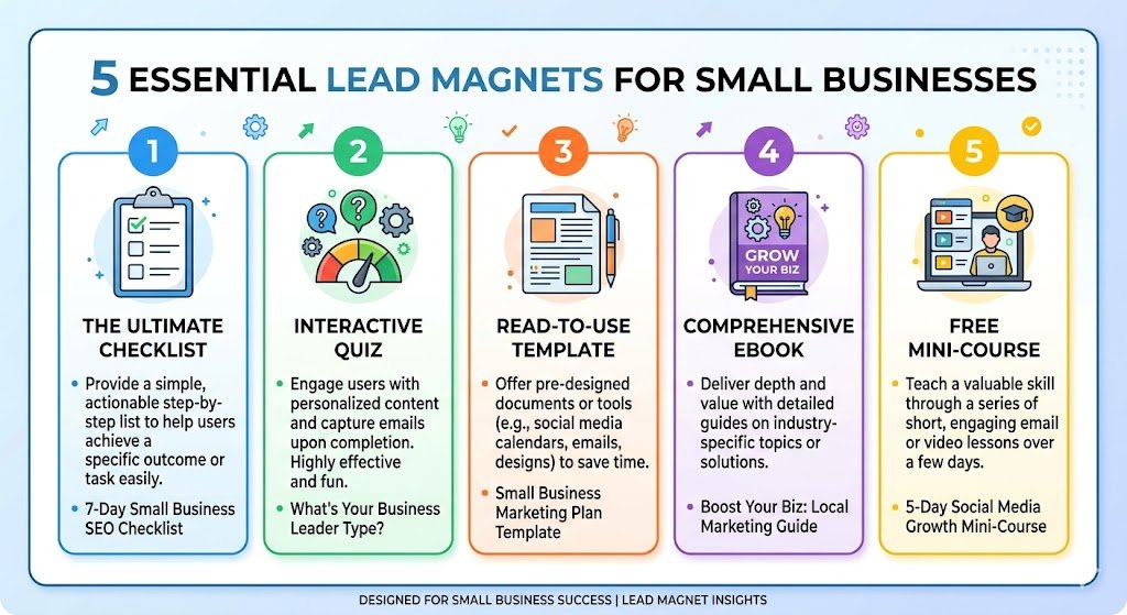 Infographic showing the five best lead magnet types for small businesses including checklists, quizzes, and email courses
