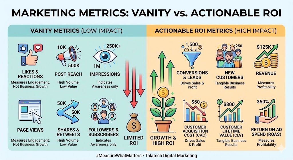 Comparison graphic highlighting vanity metrics versus actionable marketing ROI metrics.