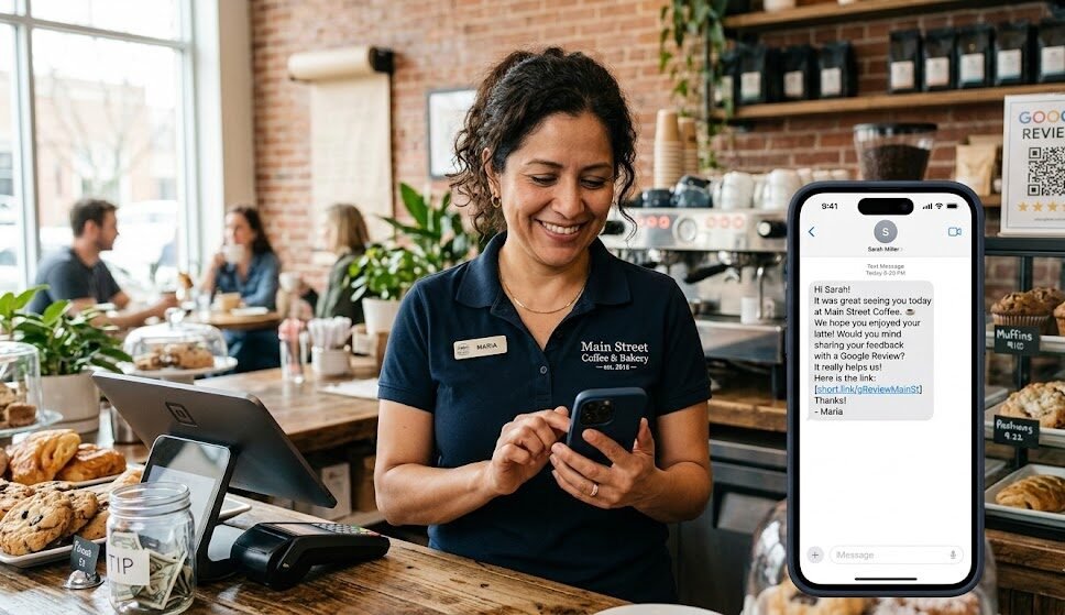 how to get more Google reviews: Small business owner in the US sending a Google review request via text message.