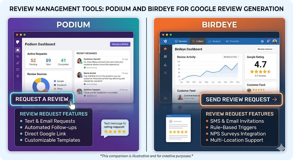Review management tools Podium and Birdeye for Google review generation.
