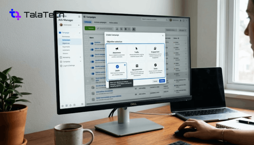 Facebook Ads for Small Business: Meta Ads Manager campaign objective setup screen