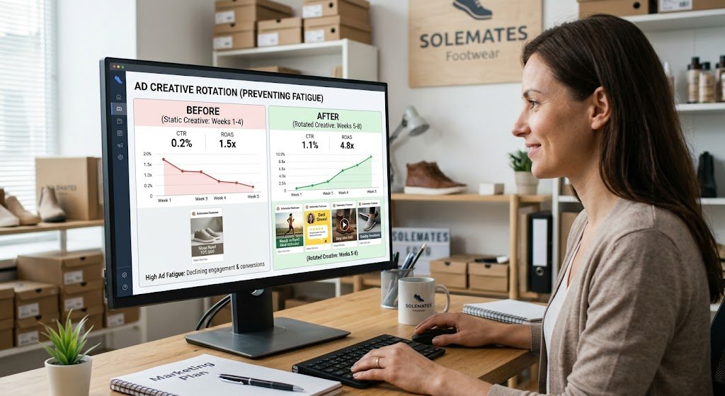 Rotating retargeting ad creative to prevent ad fatigue for small business campaigns.