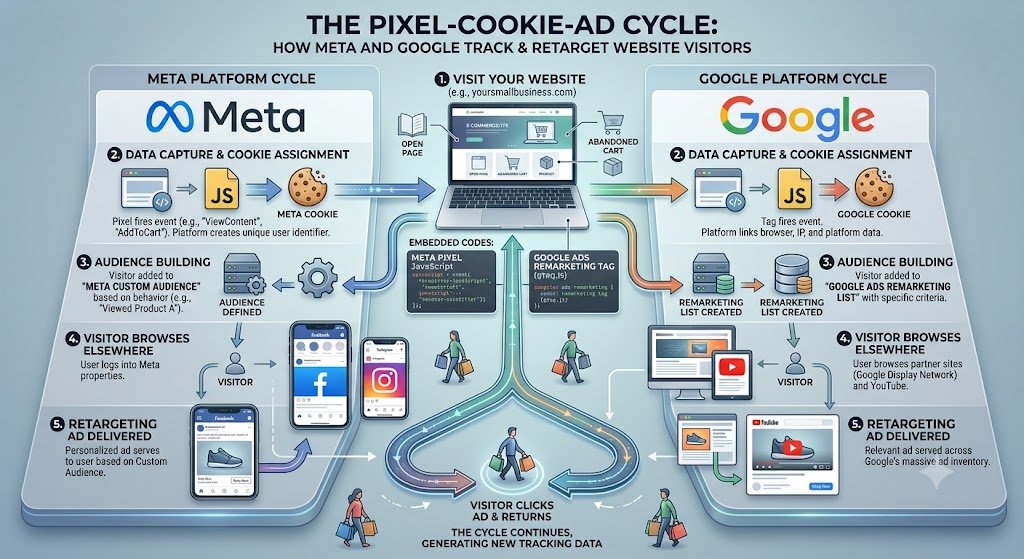  How the Meta Pixel and Google Ads Remarketing tag track website visitors for retargeting.
